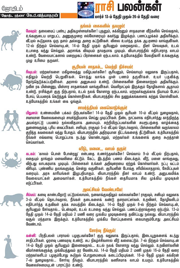 ராசி பலன்கள் - மார்ச் 13-ம் தேதி முதல் 26-ம் தேதி வரை