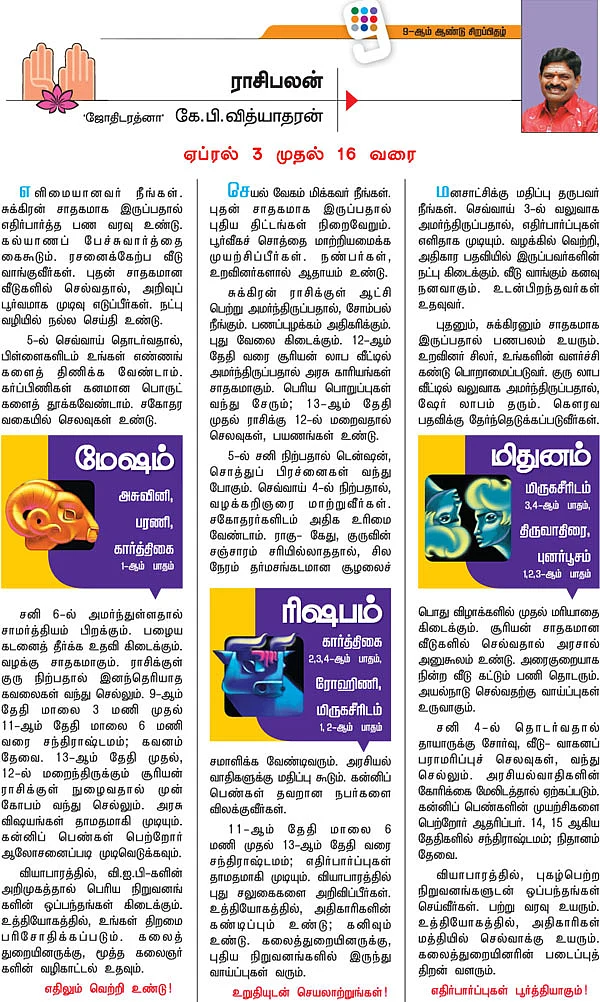 ராசிபலன்! - 'ஜோதிடரத்னா' கே.பி.வித்யாதரன்