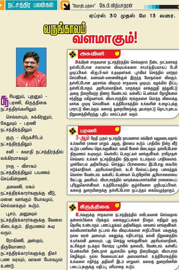 நட்சத்திர பலன்கள் - ஏப்ரல் 30 முதல் மே 13 வரை