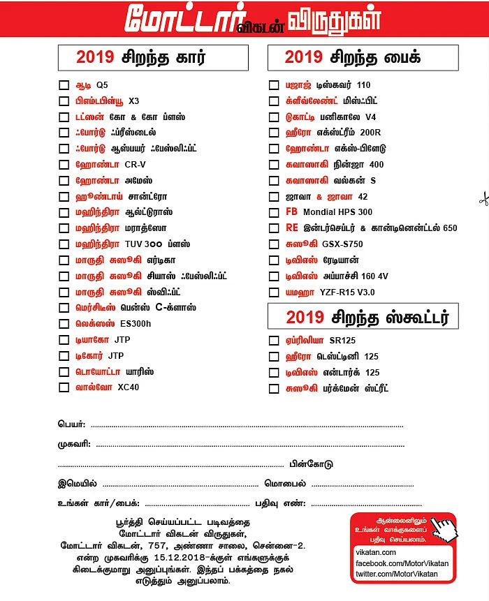 மோட்டார் விகடன் விருதுகள் - 2019