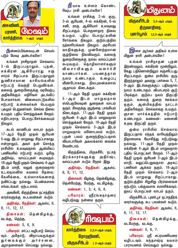 ராசிபலன் - ஆகஸ்ட் 6 முதல் 19 வரை