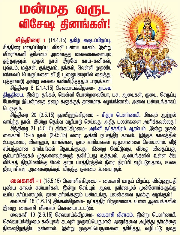 மன்மத வருட விசேஷ தினங்கள்!