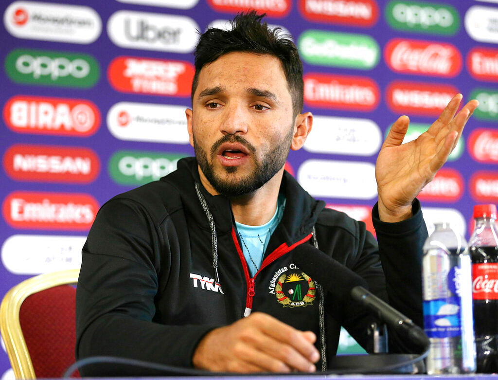 Afghanistan captain Gulbadin Naib speaks during a press conference at Old Trafford.