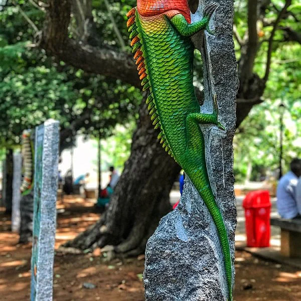 மலைப்பாம்பு... கொம்பு ஆந்தை... ஓணான்... சிறுவர்களைக் கவரும் கல் சிற்பங்கள், புதுவை பாரதி பூங்காவில் கலக்கல் கல் ஓவியங்கள்