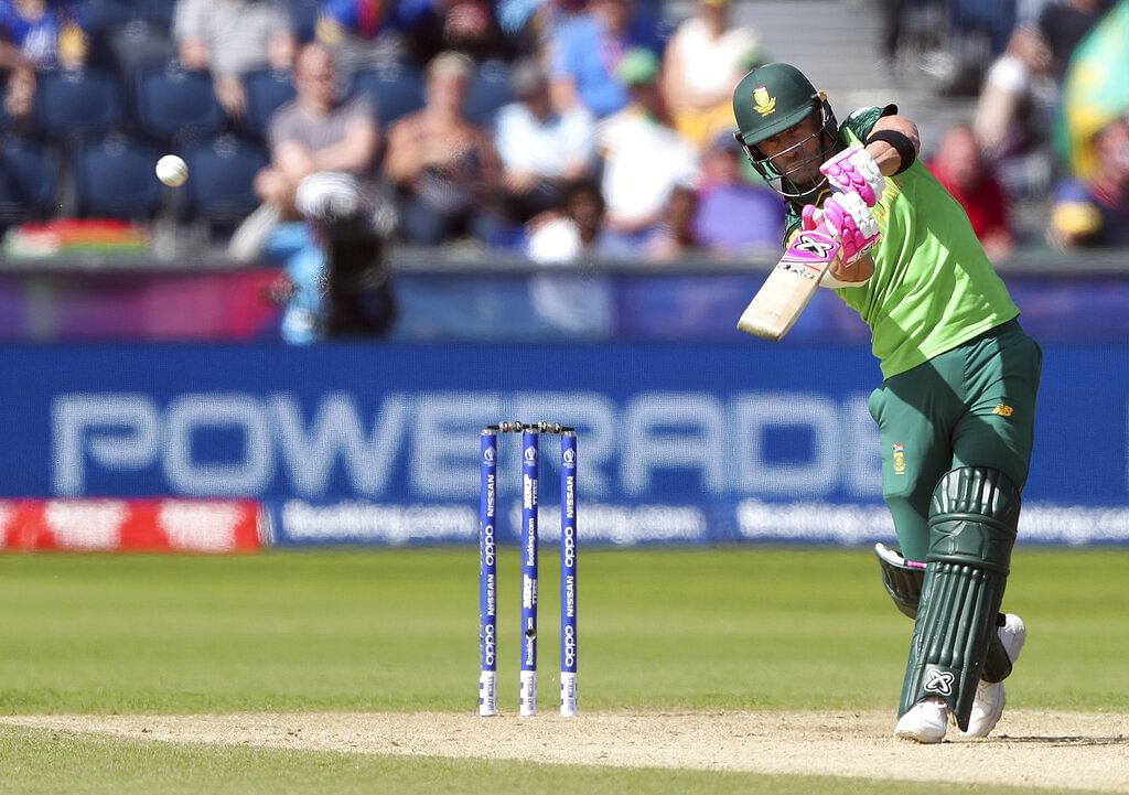 South Africa's captain Faf du Plessis plays a shot from Sri Lanka's bowler Suranga Lakmal.