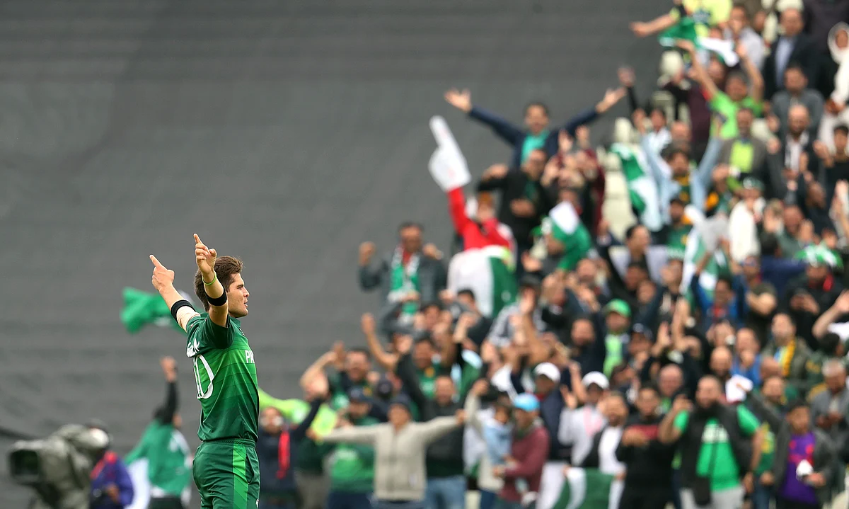 Shaheen Afridi celebrates after dismissing New Zealand's batsman Colin Munro.
