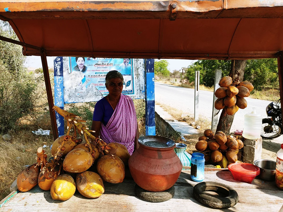 இளநீர் கடை முன்பு வெள்ளையம்மாள்