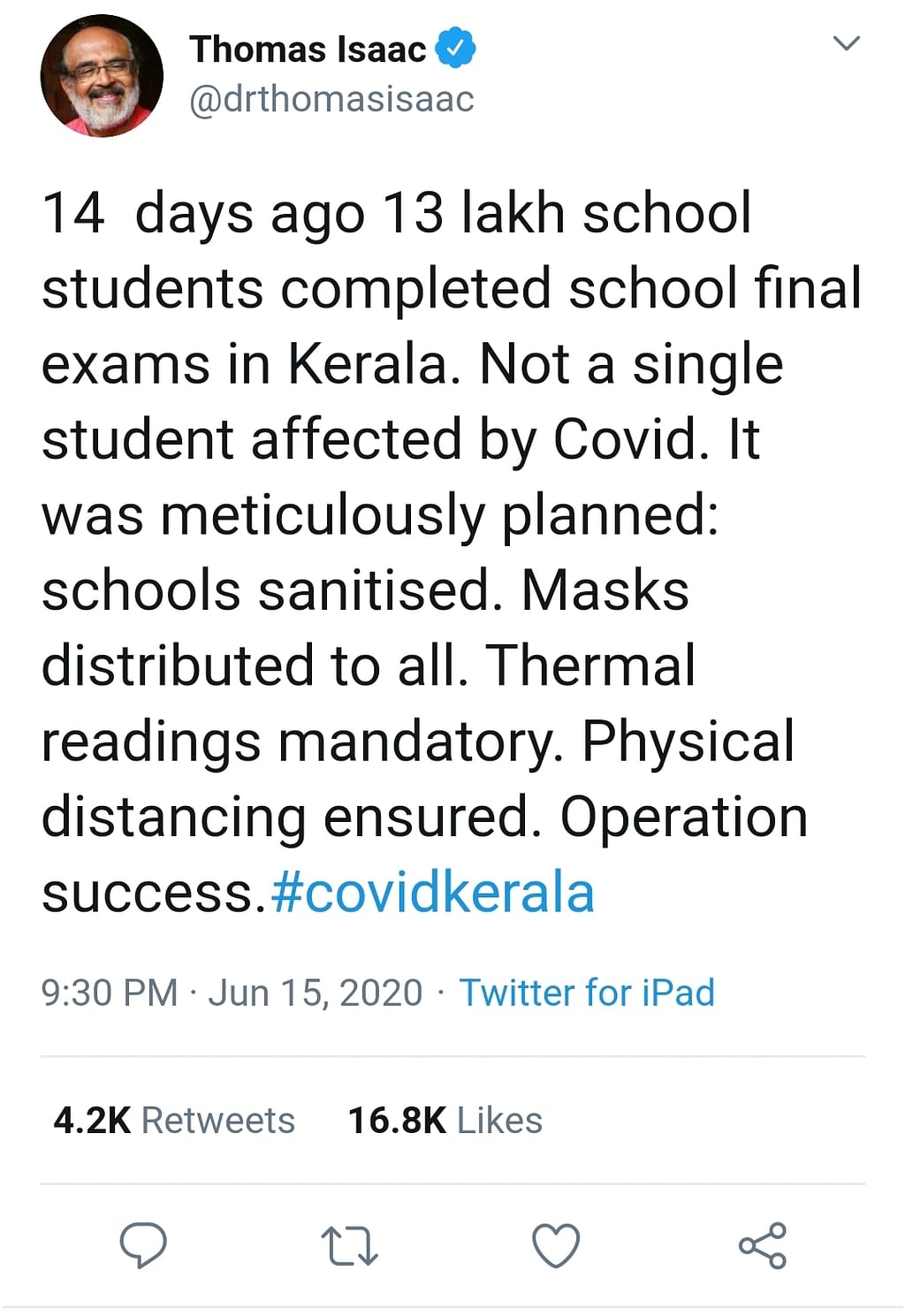 அமைச்சர் தாமஸ் ஐசக் ட்வீட்