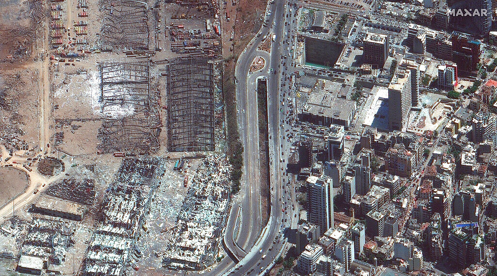 This satellite image provided by Maxar Technologies shows damaged area outside of the port of Beirut in Lebanon