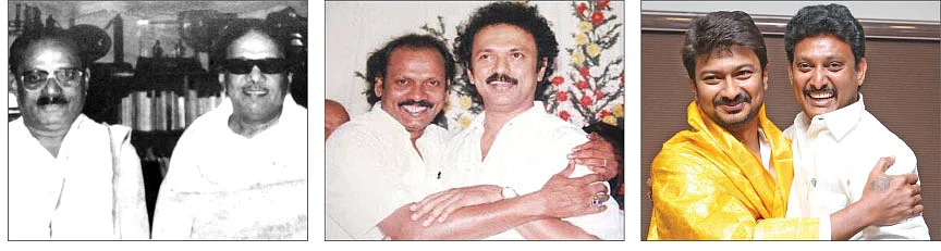 அன்பில் தர்மலிங்கம் - கருணாநிதி; அன்பில் பொய்யாமொழி - ஸ்டாலின்; உதயநிதி - அன்பில் மகேஷ்