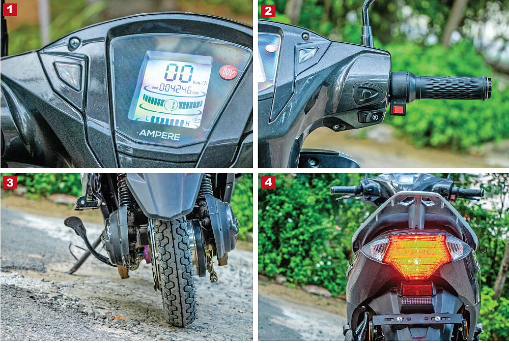 டிஜிட்டல் டிஸ்ப்ளே கசகசவெனக் குழப்பியடிக்கவில்லை. ஆனால் கடிகாரம், ரேஞ்ச் மீட்டர் இருந்திருக்கலாம். சிங்கிள் டச் ஸ்டார்ட் அருமை. சிவப்பு பட்டன், டிரைவிங் மோடுக்கானது.
ட்யூப்லெஸ் டயர்கள் ஓகே. டிரம் பிரேக்ஸ்தான். ப்ளாஸ்டிக்குகள் இன்னும் கொஞ்சம் தரமாக இருந்திருக்கலாம்.