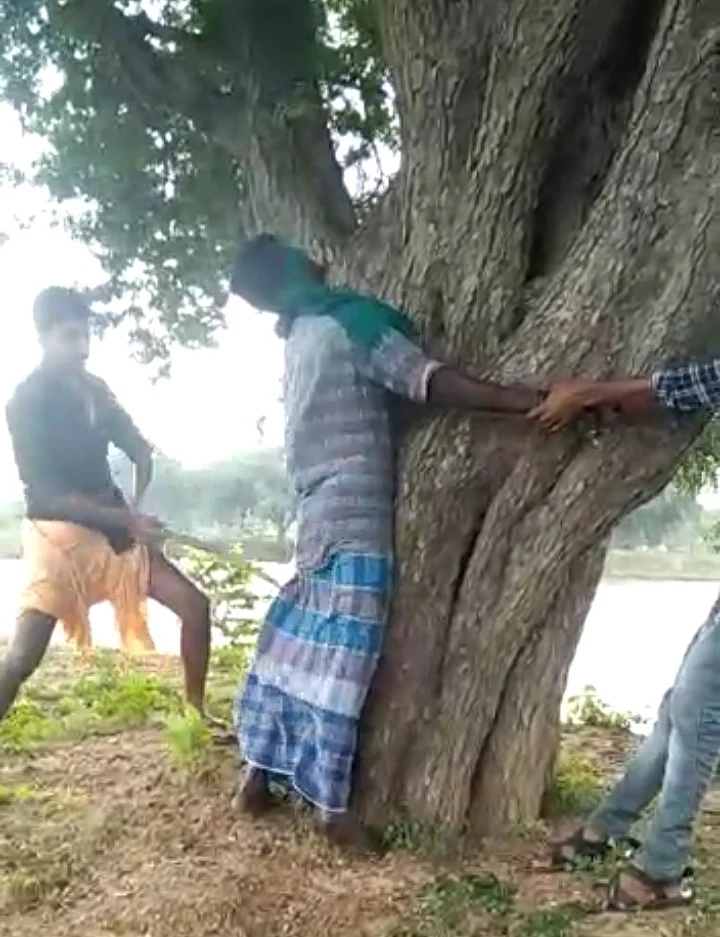 மரத்தில் கட்டிவைத்து அடிக்கும் கும்பல்