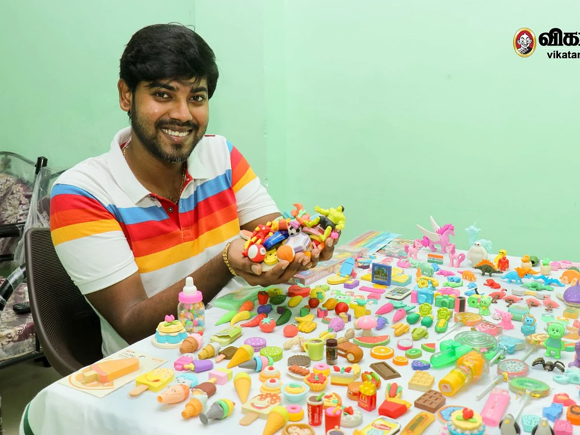 காய்கறிகள், பழங்கள், மரங்கள், பொம்மைகள்... வங்கி ஊழியரின் அசத்தல் `ரப்பர்’ கலெக்ஷன்ஸ்!