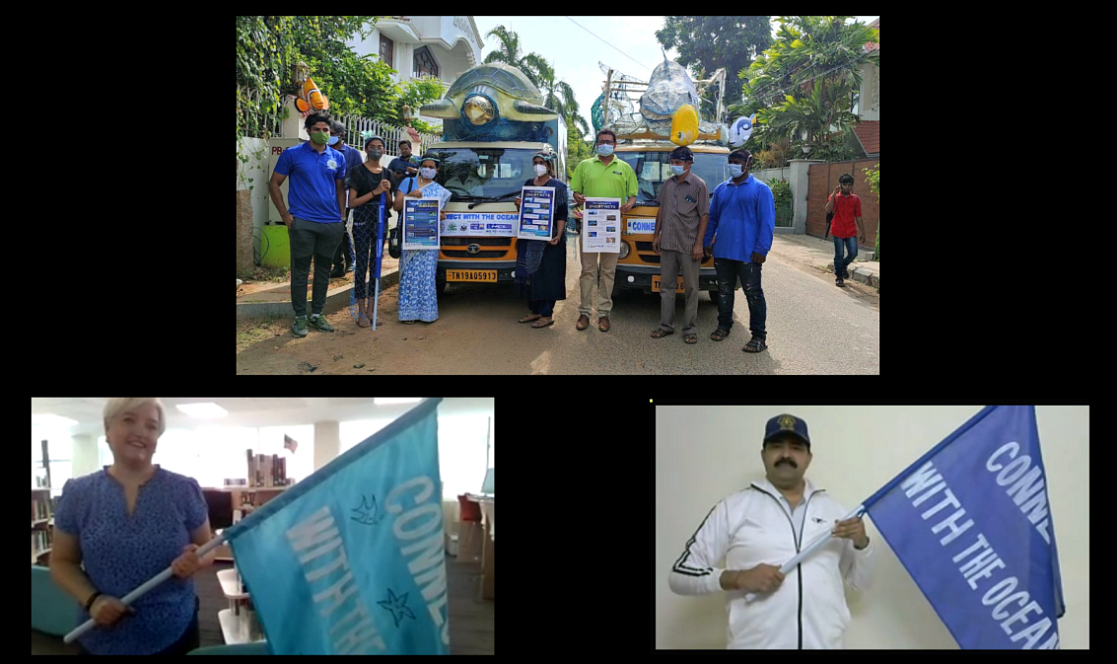 விழிப்புணர்வு ஊர்தியைக் கொடியசைத்துத் தொடங்கி வைக்கும் அமெரிக்க தூதரக அதிகாரி மற்றும் கடலோர காவல்படை அதிகாரி