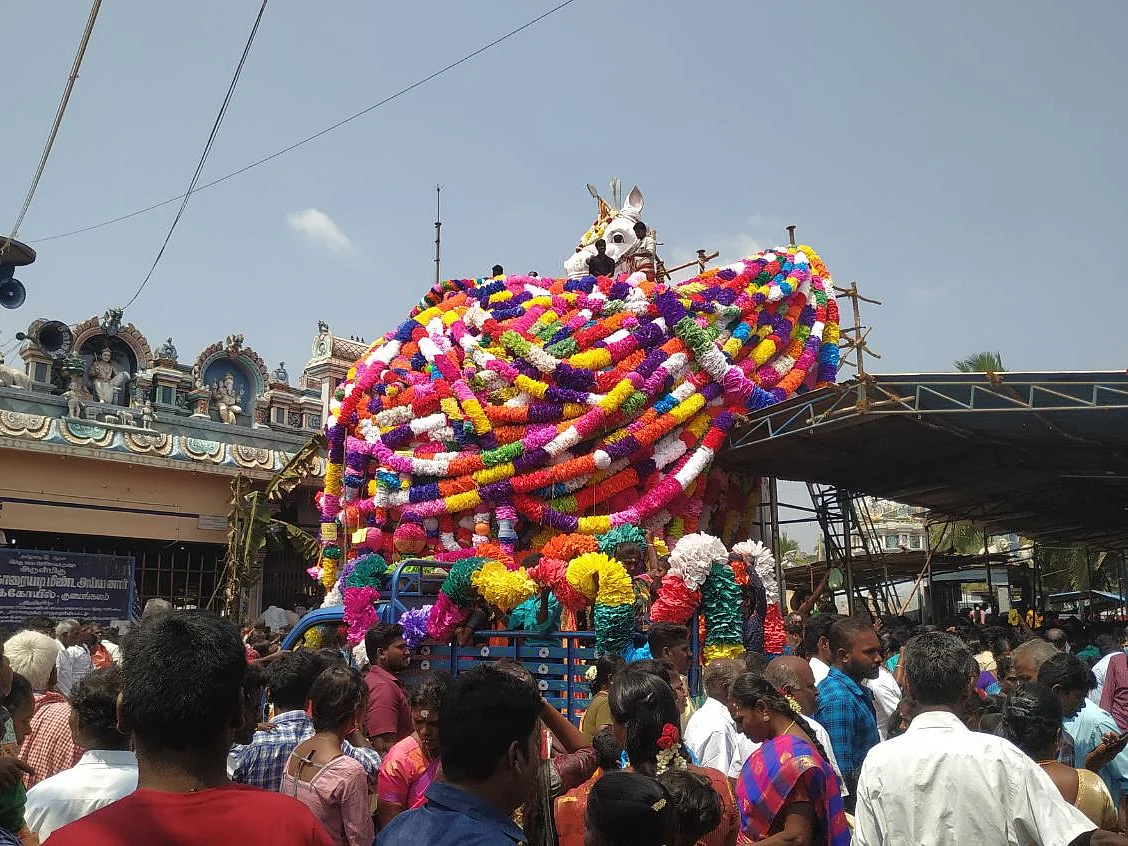 மாசித்திருவிழா; பிளாஸ்டிக் மாலைக்குத் தடை; குதிரைச் சிலைக்குக் குவிந்த காகித மாலைகள்!