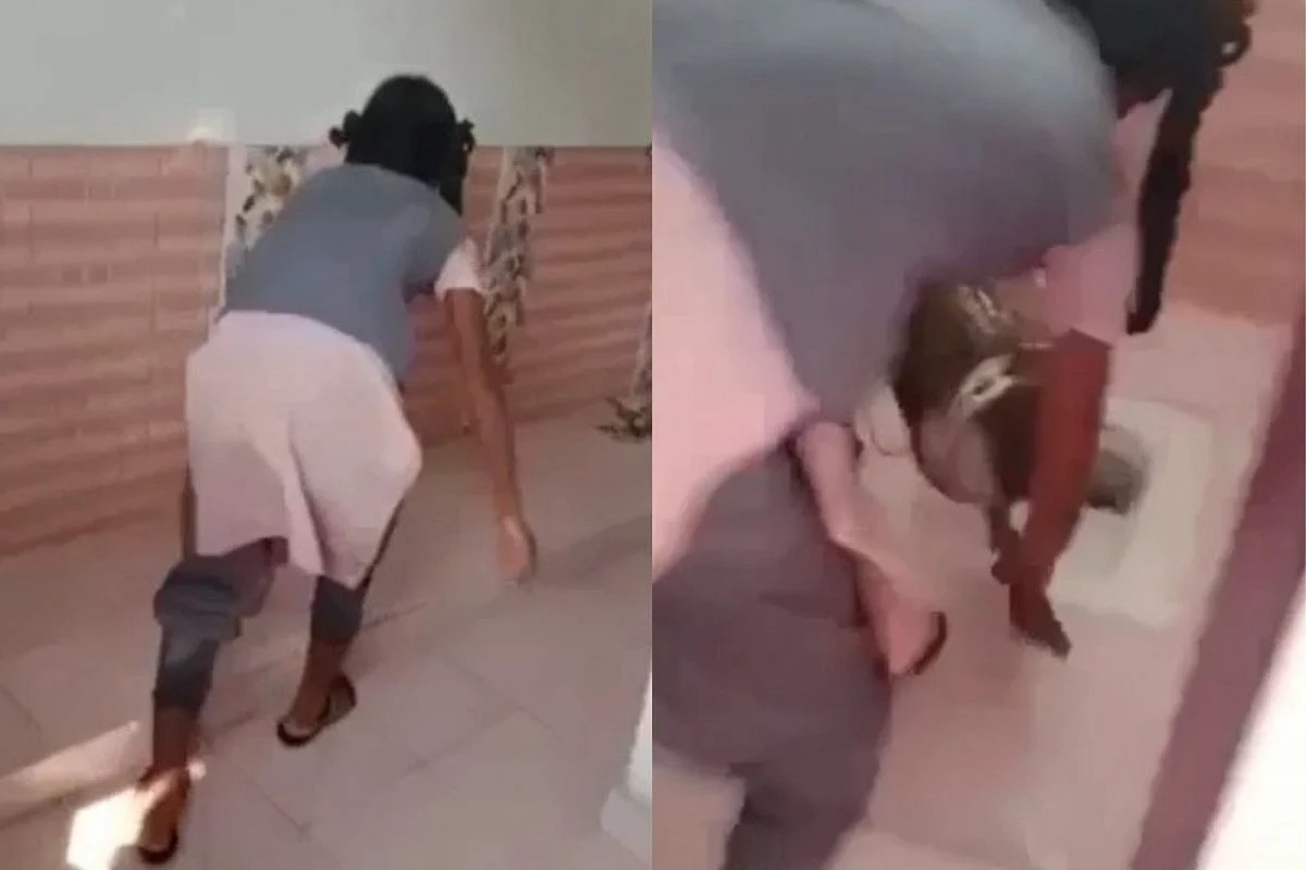 கழிவறையைச் சுத்தம் செய்யும் பள்ளி மாணவி