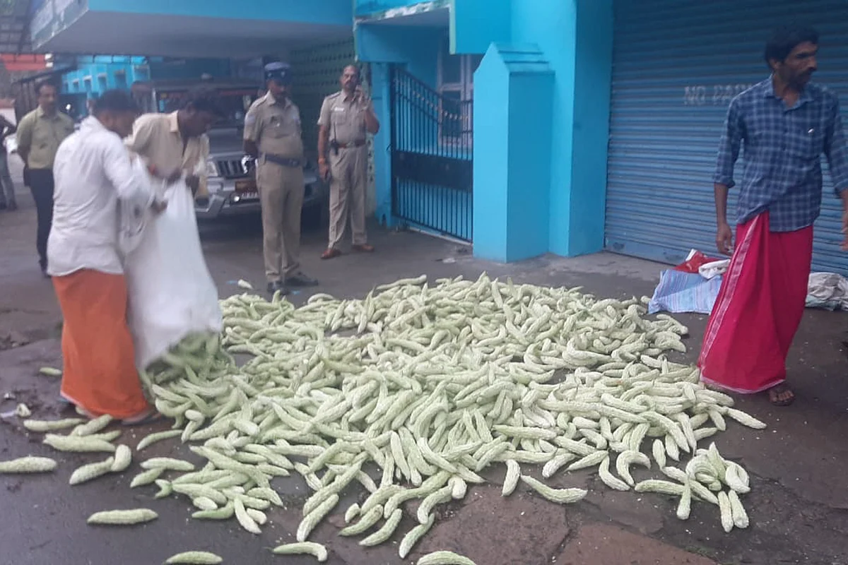 பாகற்காய்களை கீழே கொட்டும் விவசாயிகள்