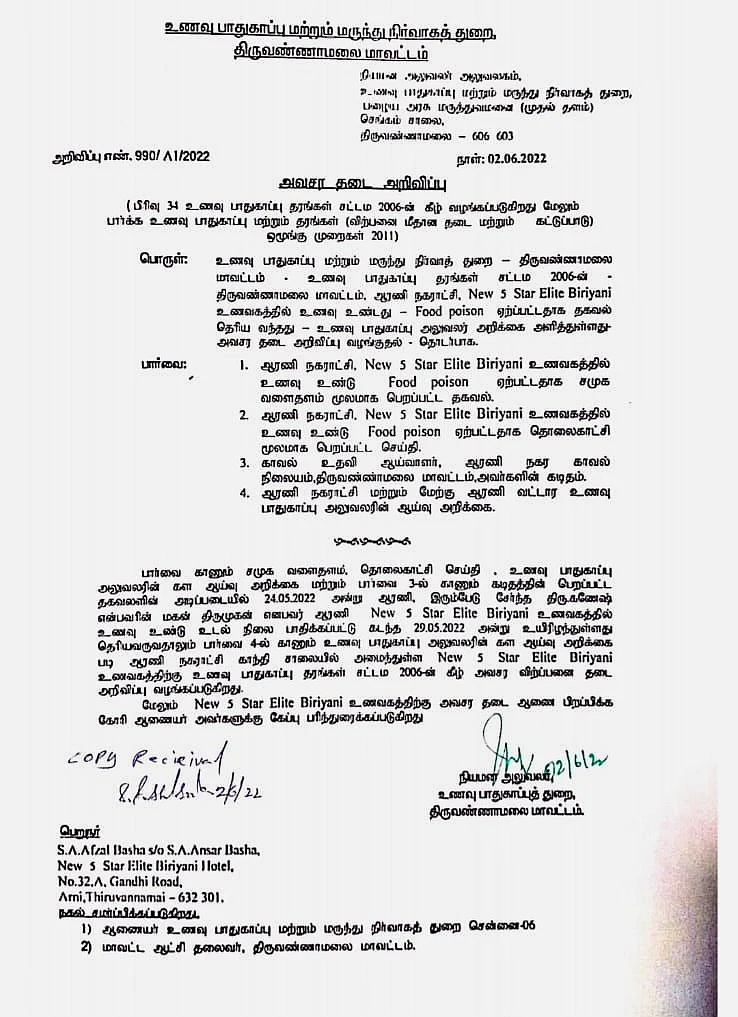 உணவுப் பாதுகாப்புத்துறையின் உத்தரவு நகல்