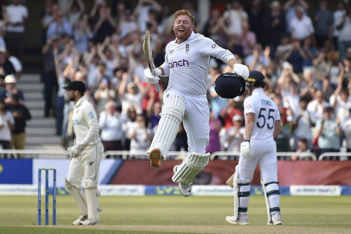 Bairstow celebrates after his century