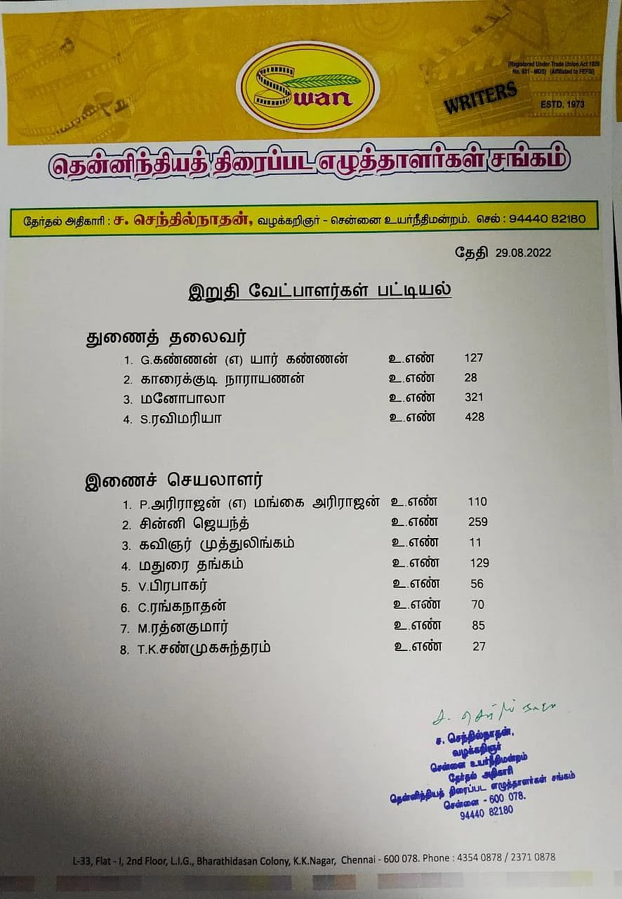 தென்னிந்தியத் திரைப்பட எழுத்தாளர் சங்க தேர்தல் இறுதிப்பட்டியல்