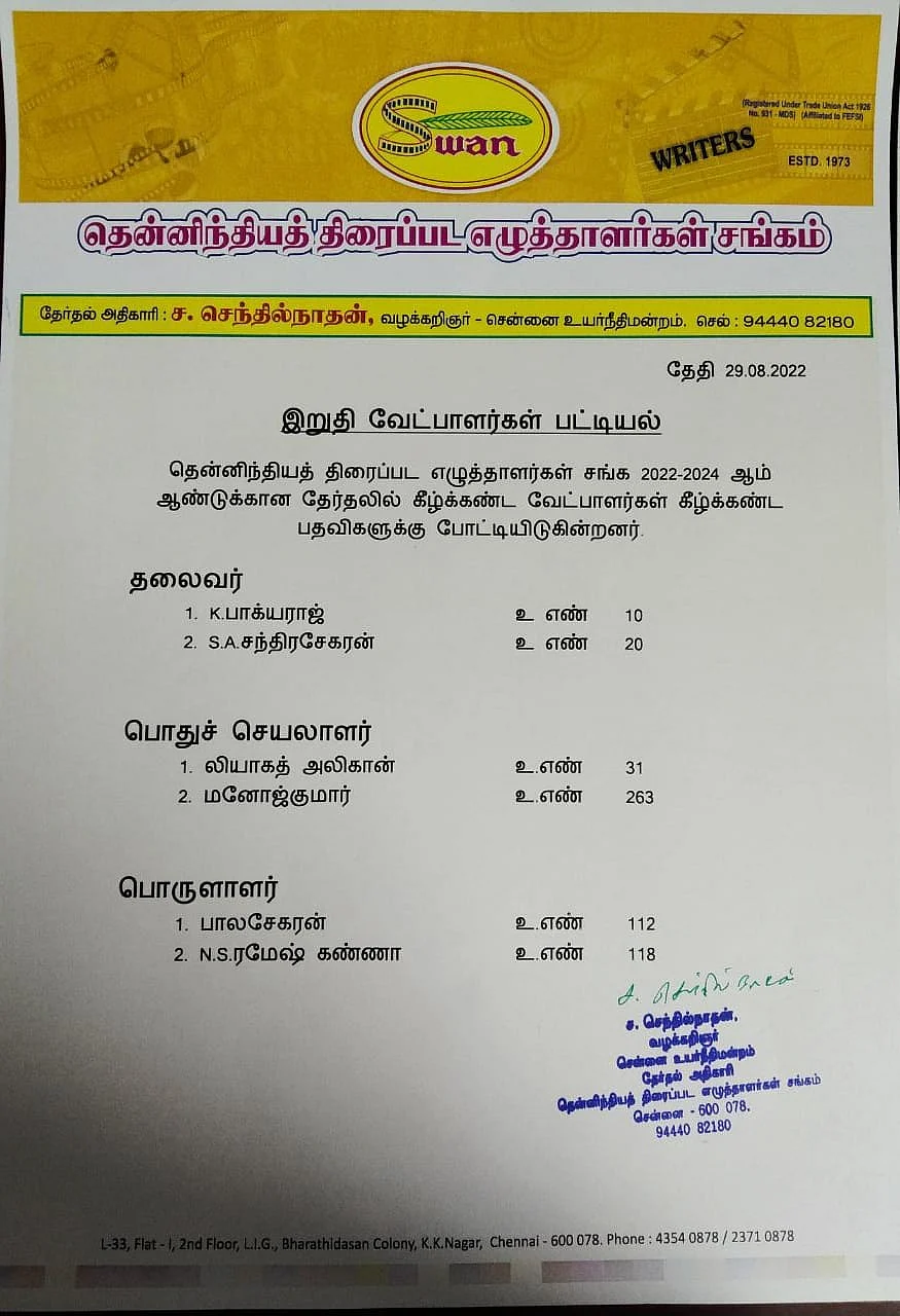 தென்னிந்தியத் திரைப்பட எழுத்தாளர் சங்க தேர்தல் இறுதிப்பட்டியல்