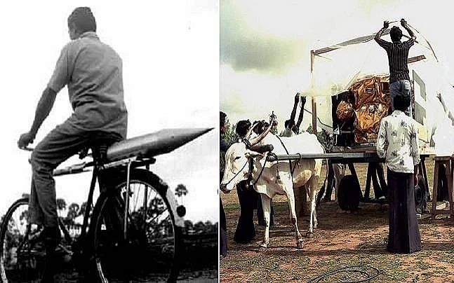 சைக்கிளில் எடுத்துச்செல்லப்படும் ராக்கெட்