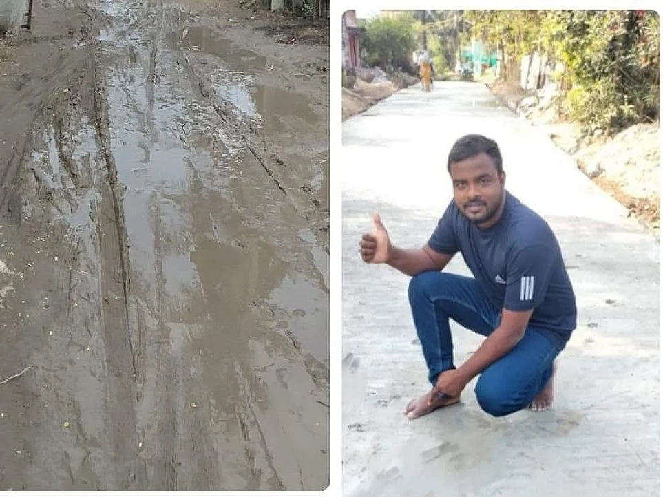 சேறும் சகதியுமாக இருந்த சாலை - ரூ.10.5 லட்சம் சொந்தச்செலவில் சாலை அமைத்த இளைஞர்; குவியும் பாராட்டு!