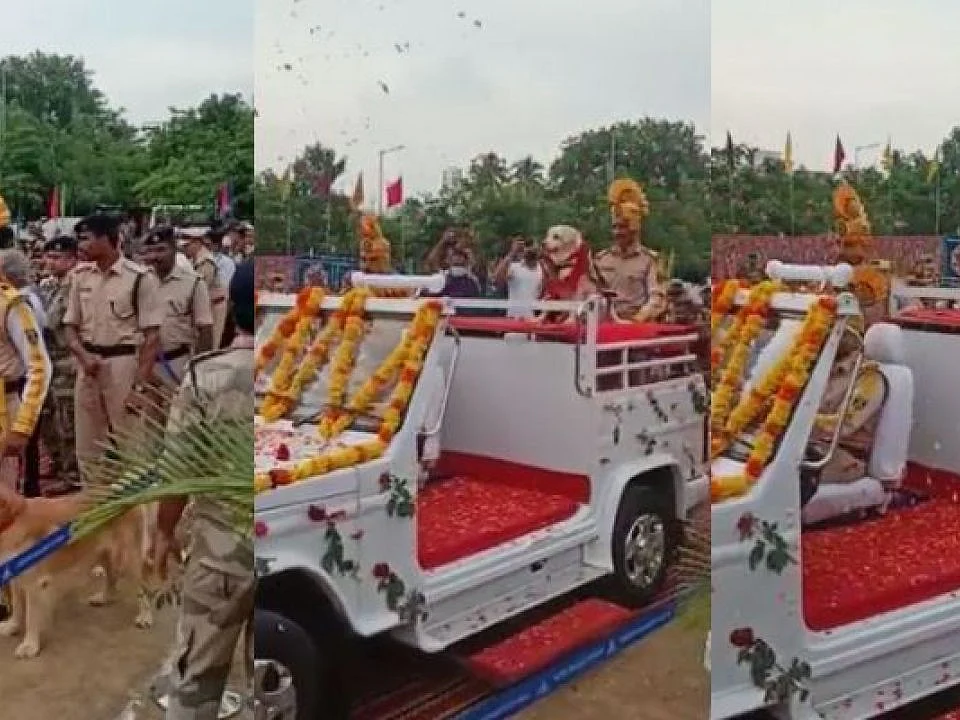 ஓய்வு பெற்ற மோப்ப நாய்; சிவப்பு கம்பளம் விரித்து மலர் தூவி பிரியாவிடை அளித்த CISF வீரர்கள்!