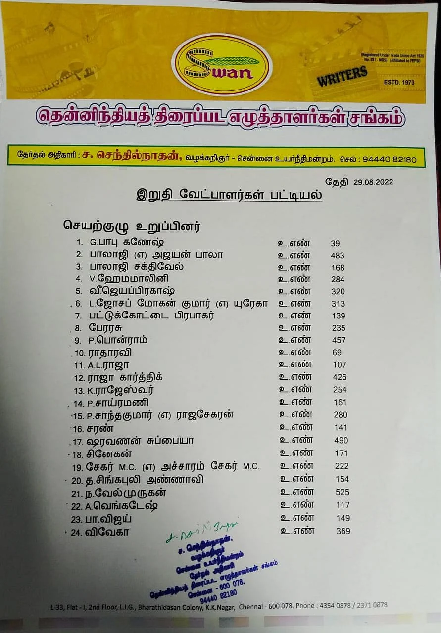 தென்னிந்தியத் திரைப்பட எழுத்தாளர் சங்க தேர்தல் இறுதிப்பட்டியல்