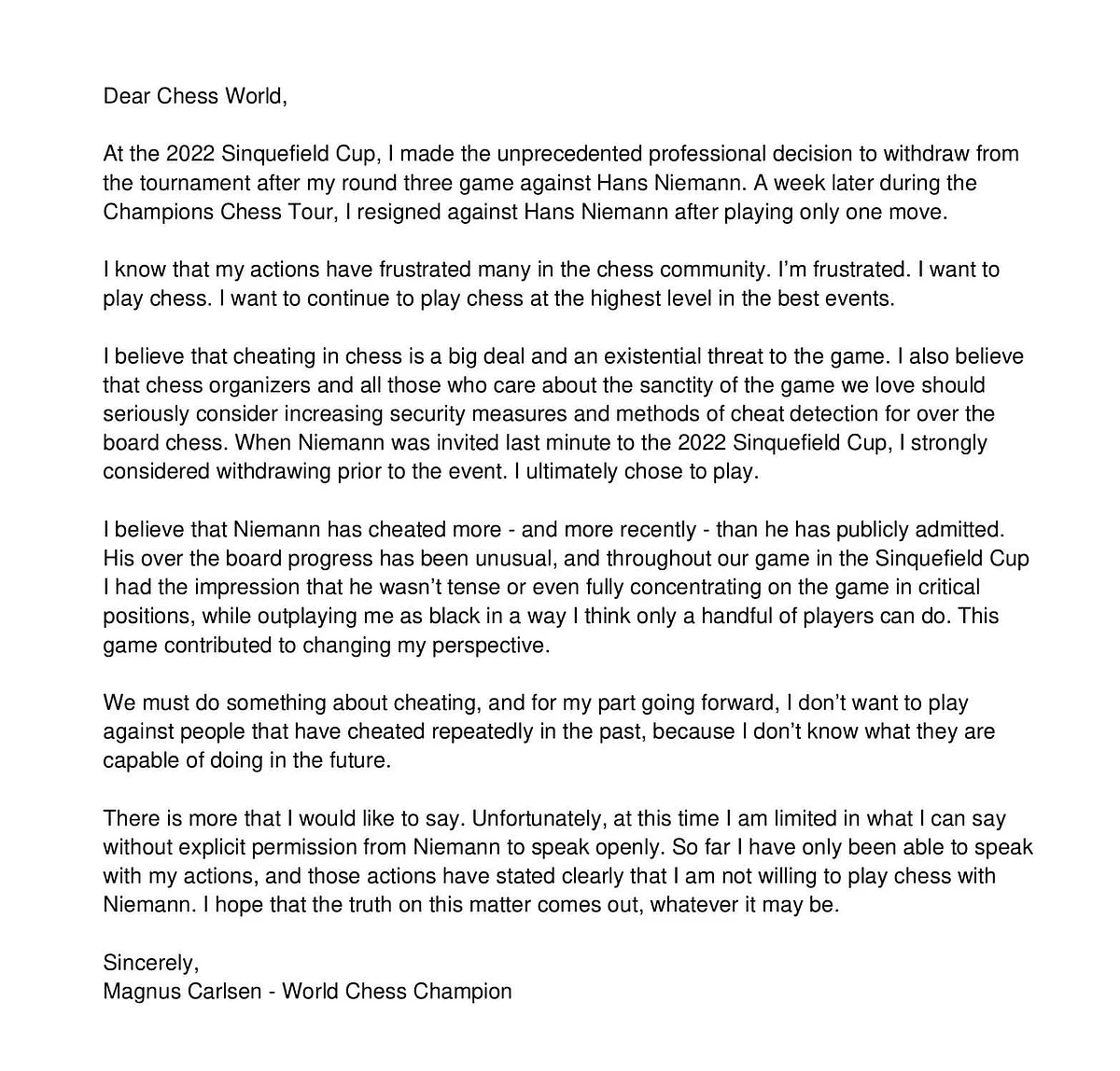 Carlsen's Statement