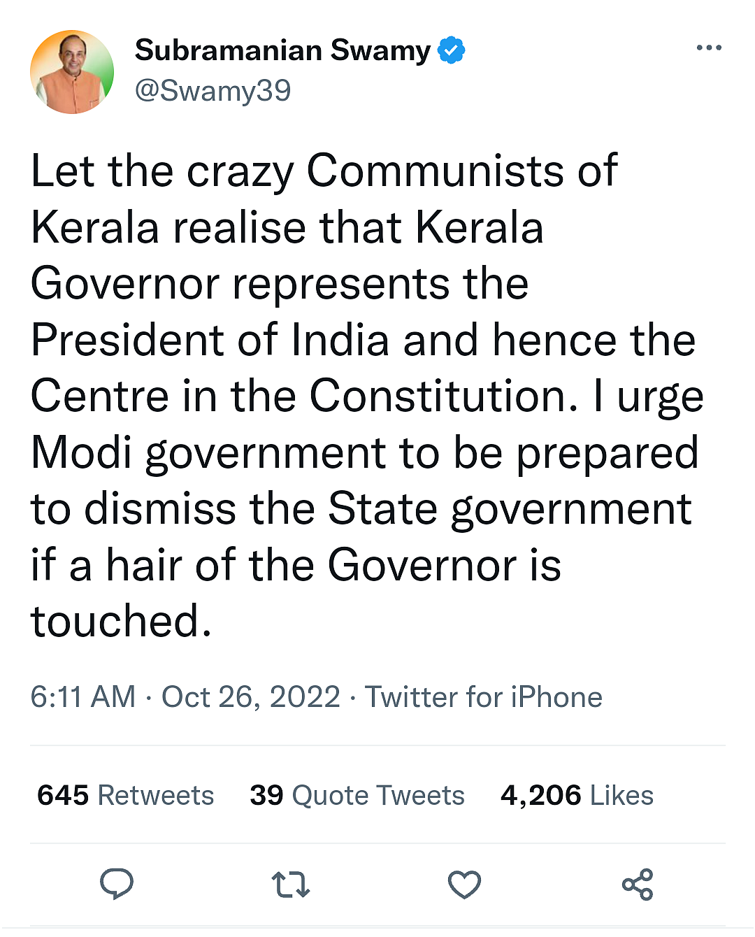சுப்பிரமணியன் சுவாமியின் ட்வீட்