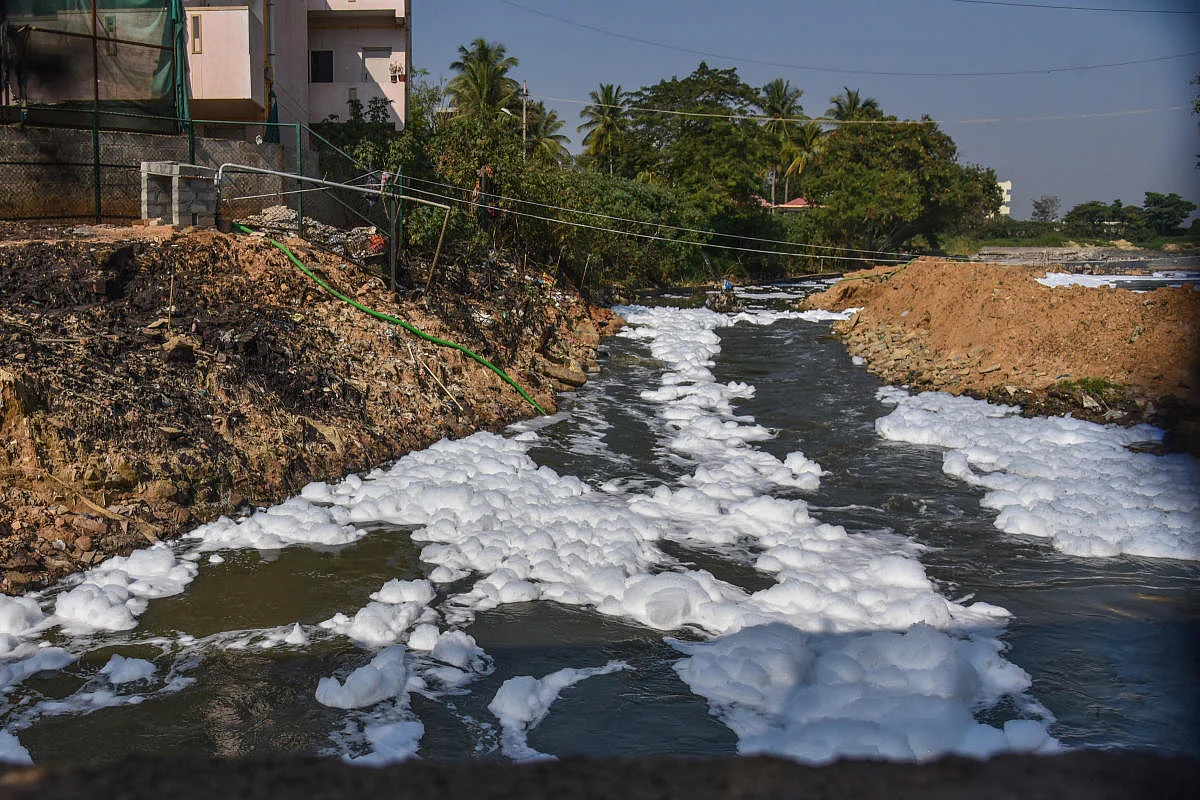 தொழிற்சாலை கழிவுகளால் மாசுபட்டுள்ள ஏரி.