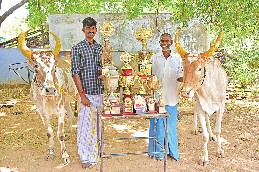 பரிசு கோப்பைகளுடன் துரை பாண்டி, பழனி பாண்டி
