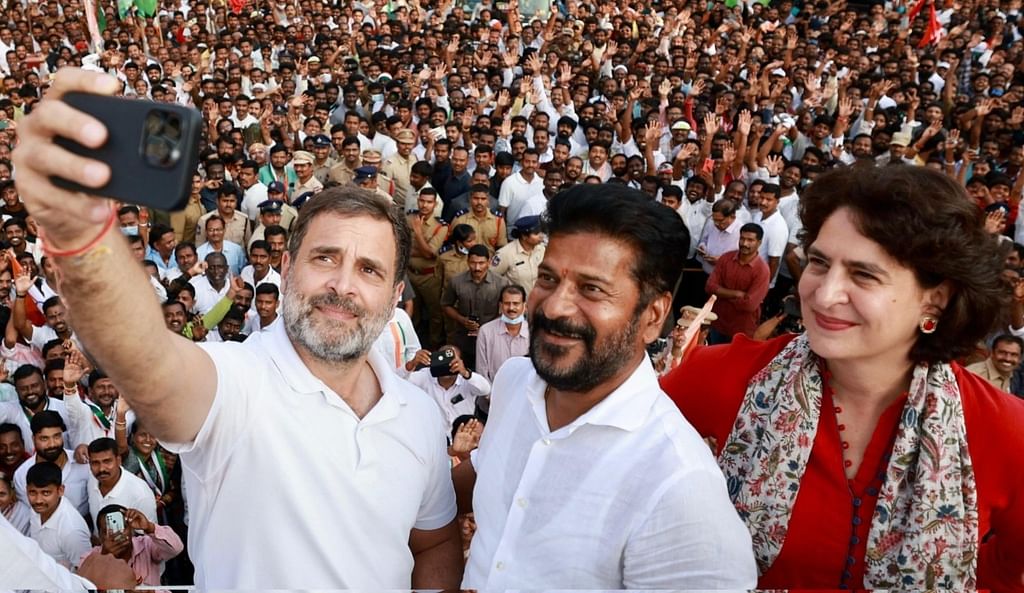 ராகுல் காந்தி - ரேவந்த் ரெட்டி - பிரியங்கா காந்தி