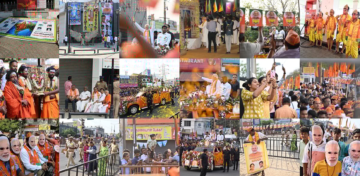 தூவும் மலர்களையும் சோதனையிட்ட காவல்துறை..! -  கோவையில் மோடியின் ரோடு ஷோ!  - போட்டோ ஹைலைட்ஸ்