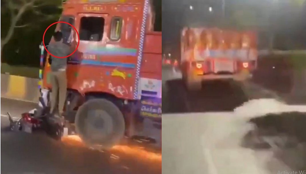 மோதி இழுத்துச் செல்லப்பட்ட பைக்; வேகமாகச் சென்ற லாரியில் தொங்கியபடியே முறையிட்ட நபர் - வைரல் வீடியோ!