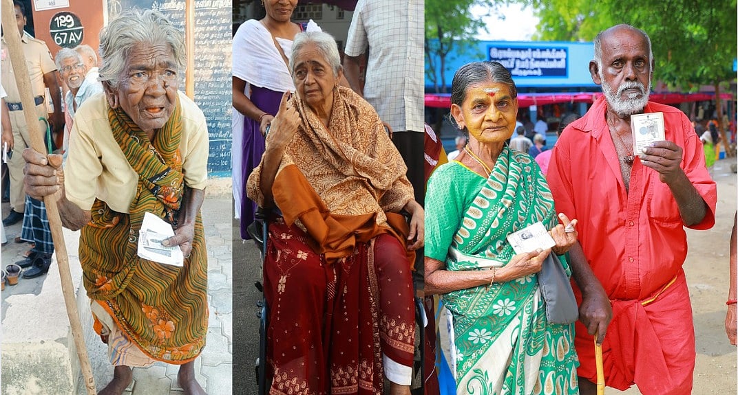வெயிலையும் பொருட்படுத்தாமல் வாக்குச்சாவடிக்கு வந்த சீனியர் சிட்டிசன்ஸ்! - Election Clicks