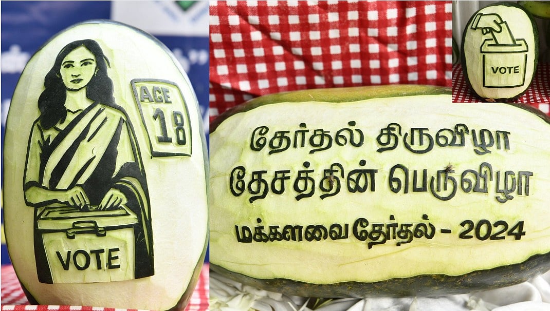 `100% ஓட்டு தமிழர்களின் பெருமை!' - காய்கறிகளில் அசத்தல் தேர்தல் விழிப்புணர்வு