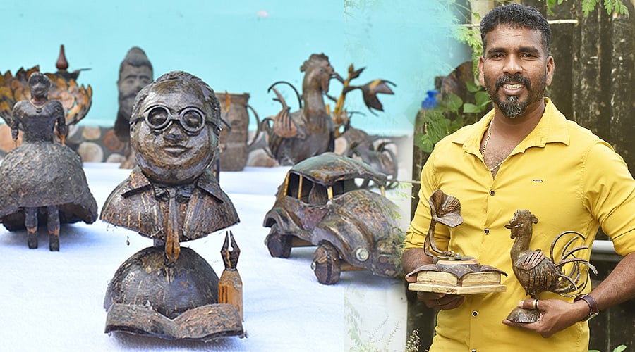 தேங்காய் சிரட்டையில் புத்தர், அம்பேத்கர்... கலைநயமிக்க பொருள்களை உருவாக்கி அசத்தும் இளைஞர்!