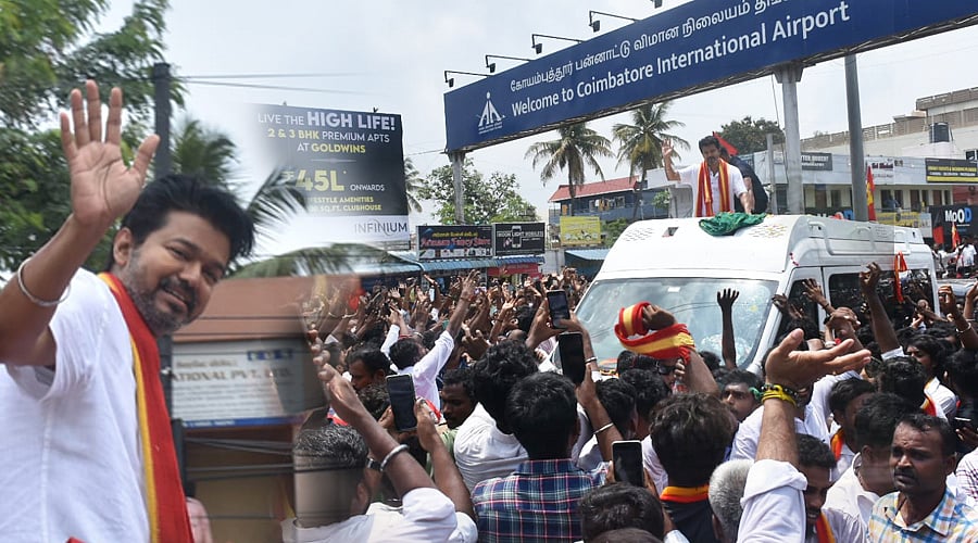 கோவை விமான நிலையத்தில் குவிந்த தொண்டர்கள்... ரோடு ஷோ வந்த த.வெ.க. தலைவர் விஜய்