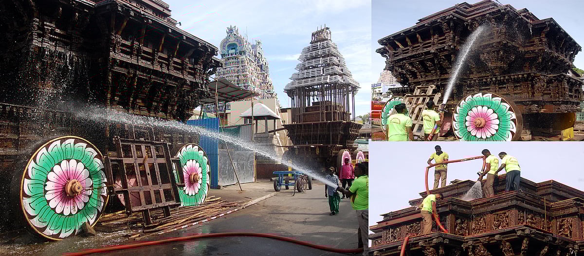 ஆசியாவிலே அதிக எடை கொண்ட நெல்லையப்பர் கோயில் தேர்; சுத்தம் செய்த தீயணைப்புத்துறை | Photo Album