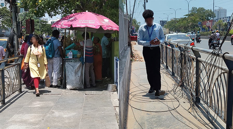 அண்ணா சாலை: நடைபாதை ஆக்கிரமிப்பும், அறுந்து கிடக்கும் ஒயர்களும் - சிரமத்தைச் சந்திக்கும் மக்கள்!
