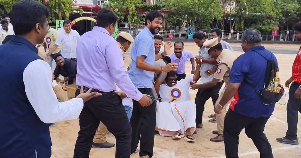 கயிறு இழுக்கும் போட்டியில் நிலைத்தடுமாறி விழுந்த அமைச்சர் லோகேஷ் தமிழ்செல்வன்; சுதாரித்த காவலர்கள்!