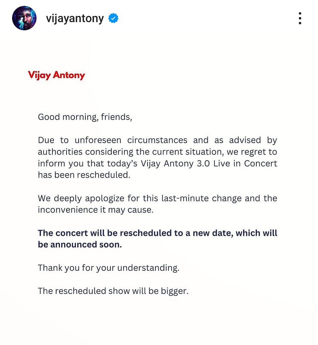 Vijay Antony: `கடைசி நேர மாற்றத்திற்காக மன்னிப்பு கோருகிறேன் -  விஜய் ஆண்டனி கான்சர்ட் தள்ளி வைப்பு