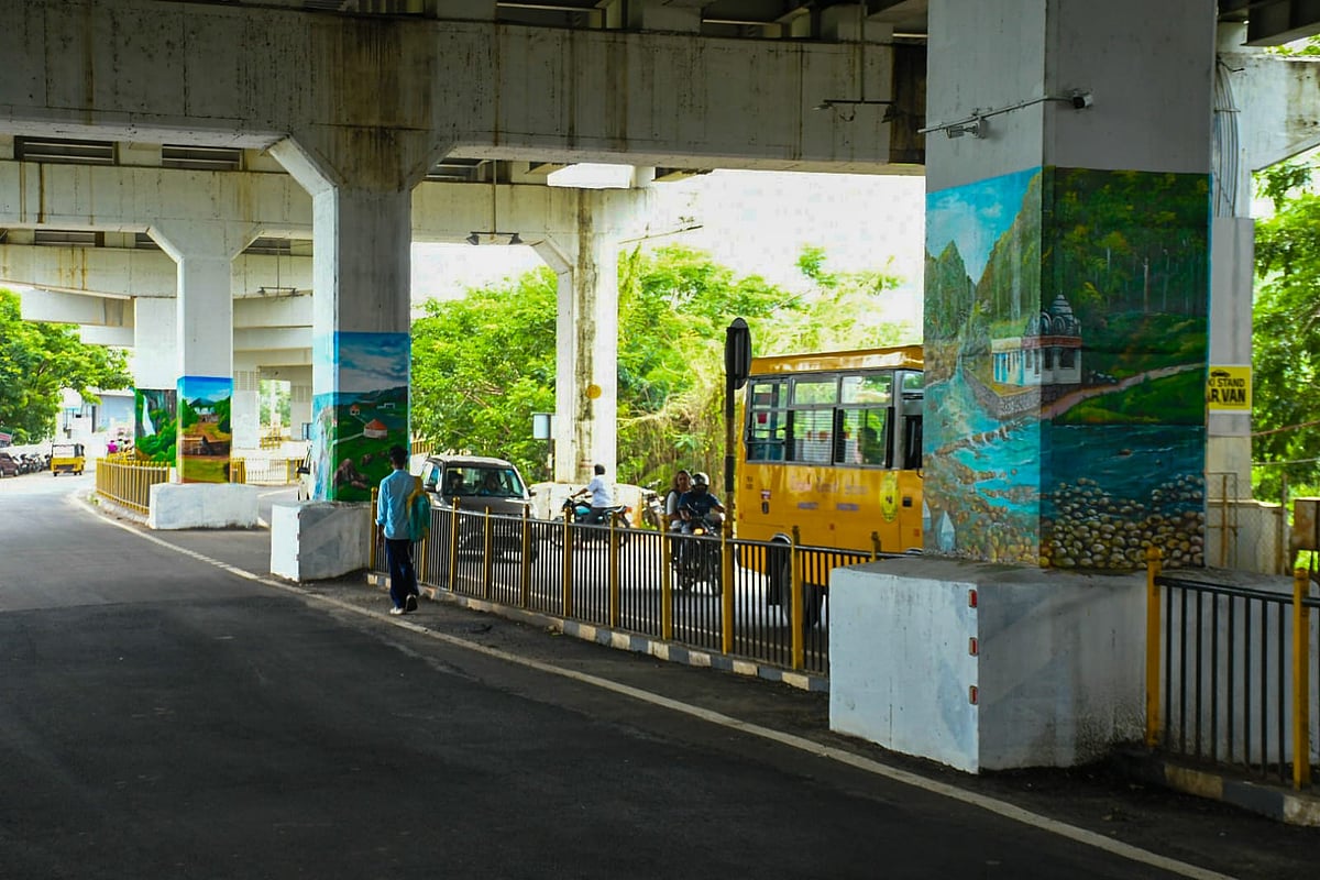 நாகர்கோவில்: `கண்ணாடி பாலம், நாகராஜா கோயில்..- வண்ண ஓவியங்களால் அழகாகும் மேம்பாலம் | Photo Album