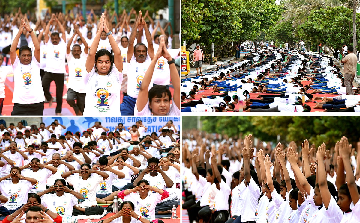உலக யோக தினம்: புதுச்சேரியில் நடைபெற்ற யோகா நிகழ்ச்சி | Photo Album
