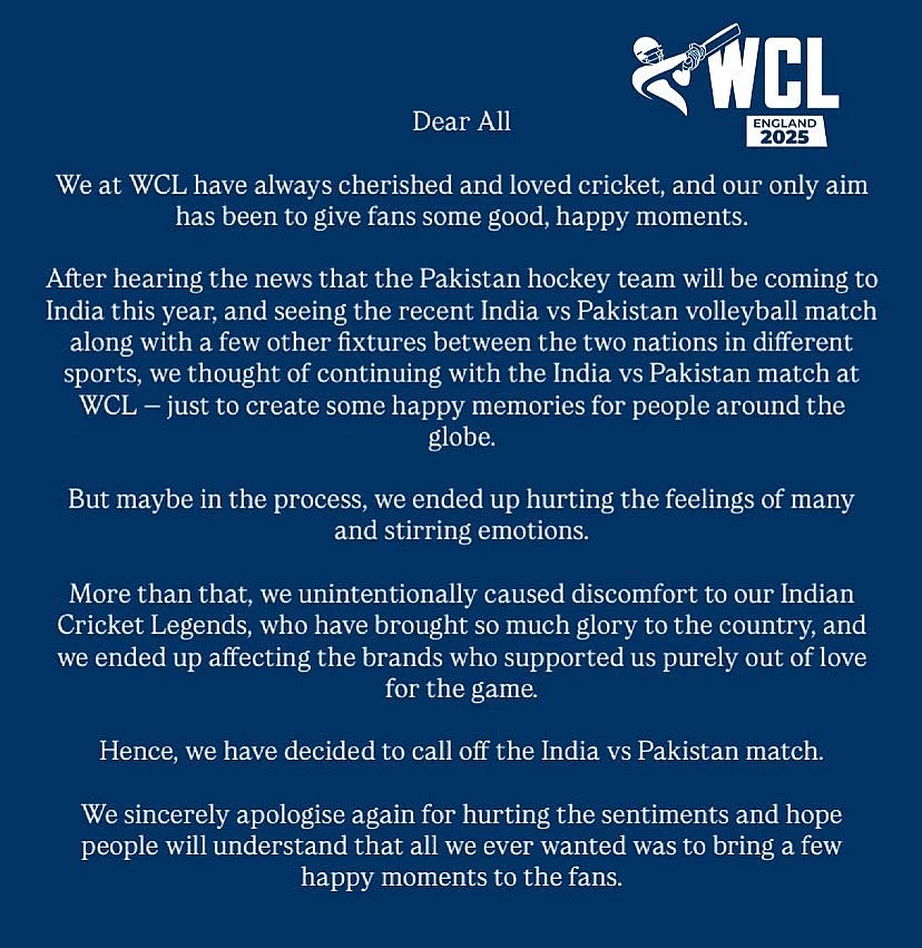 WCL About India - Pakistan Match Call Off