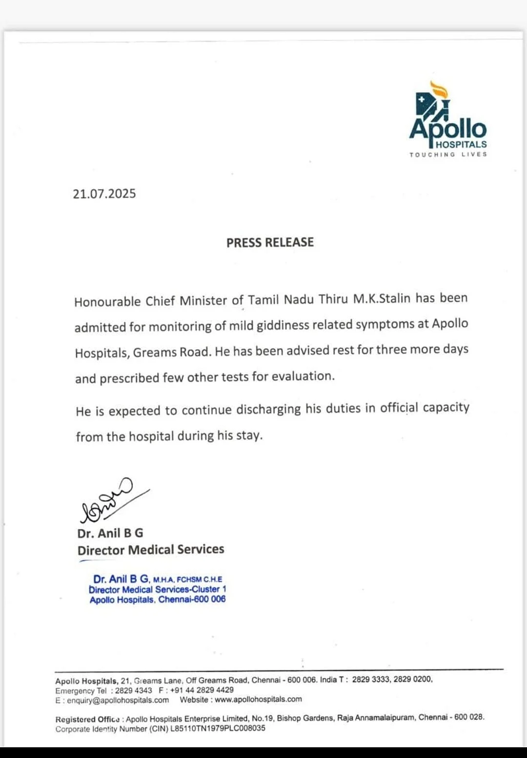 Apollo Hospital Statement