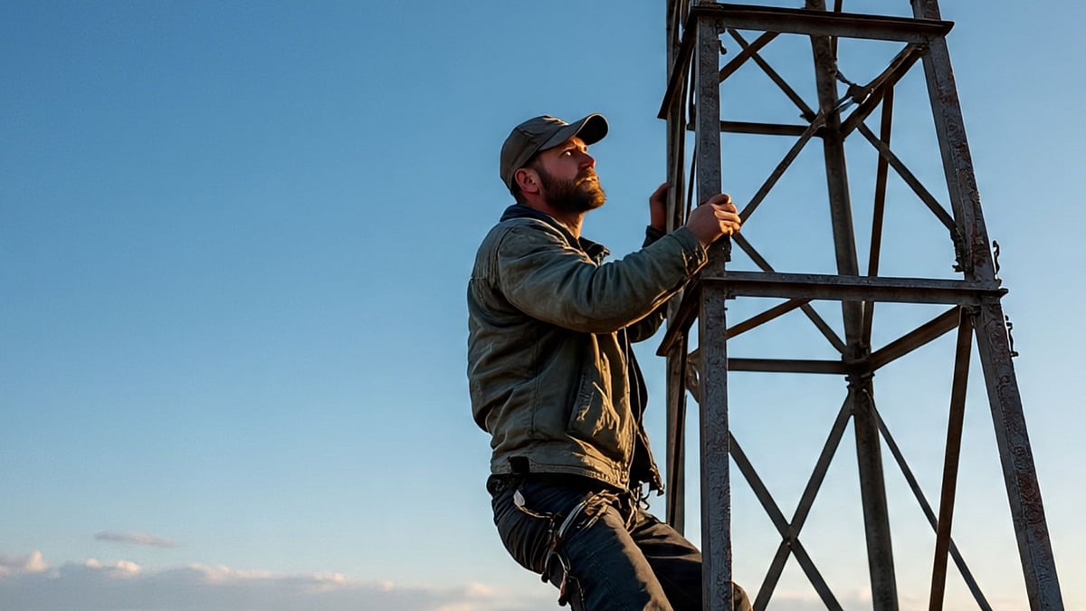 Man climbs electricity tower