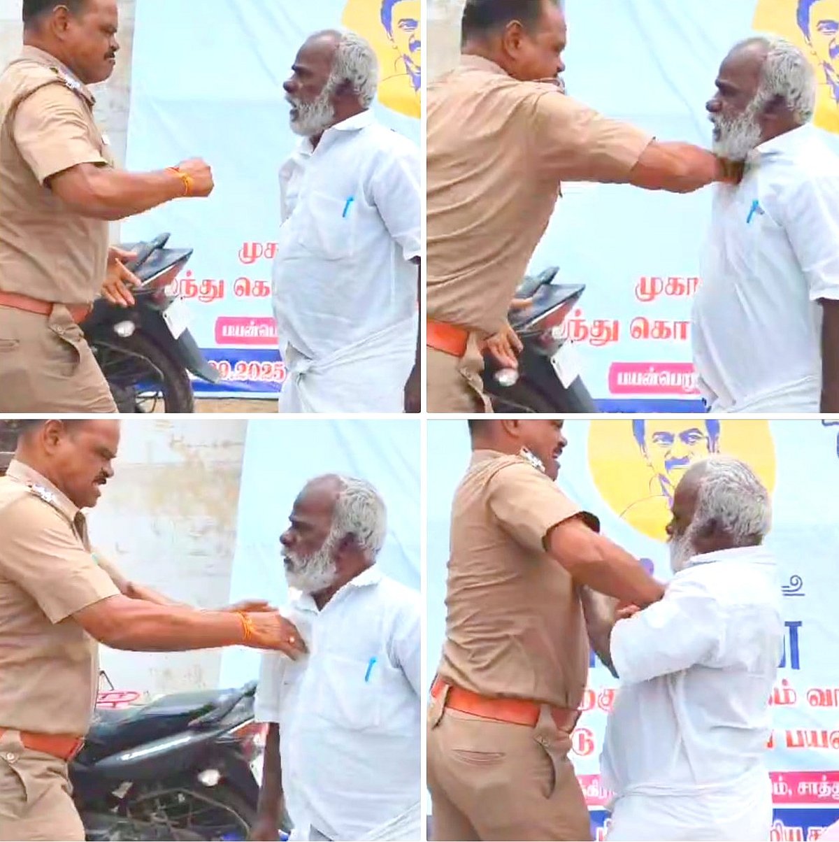 சப்-இன்ஸ்பெக்டரால் தாக்கப்படும் முதியவர்